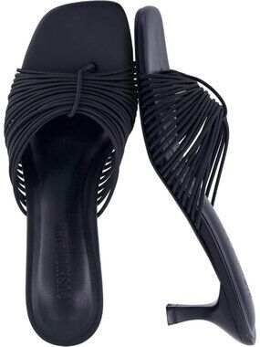 Women's Strappy Heeled Black Sandals with Cushioned Footbed Slip On Open Toe
